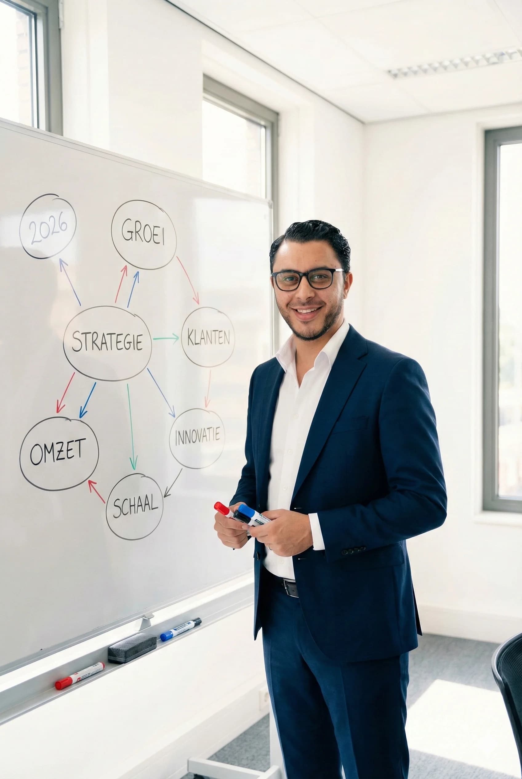 AI agency strategie uitleg op whiteboard met groei, klanten en innovatie concepten - AIklik Nederland